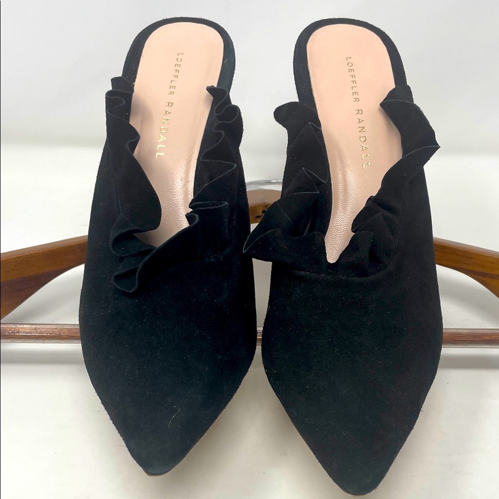 Loeffler Randall Black Suede Ruffle Heeled Mules Size 9.5 Excellent Condition